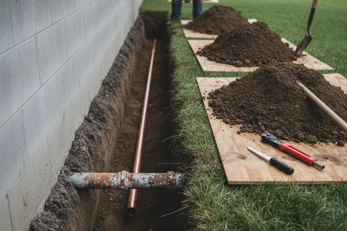Excavated water line trench during Water Heater Repair in Causey
